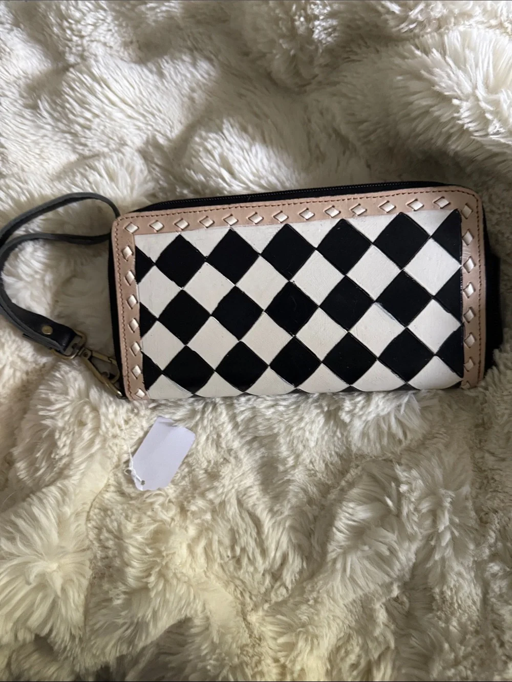 Hand painted leather Black & White Checkered Wristlet Clutch - Neutral Trim